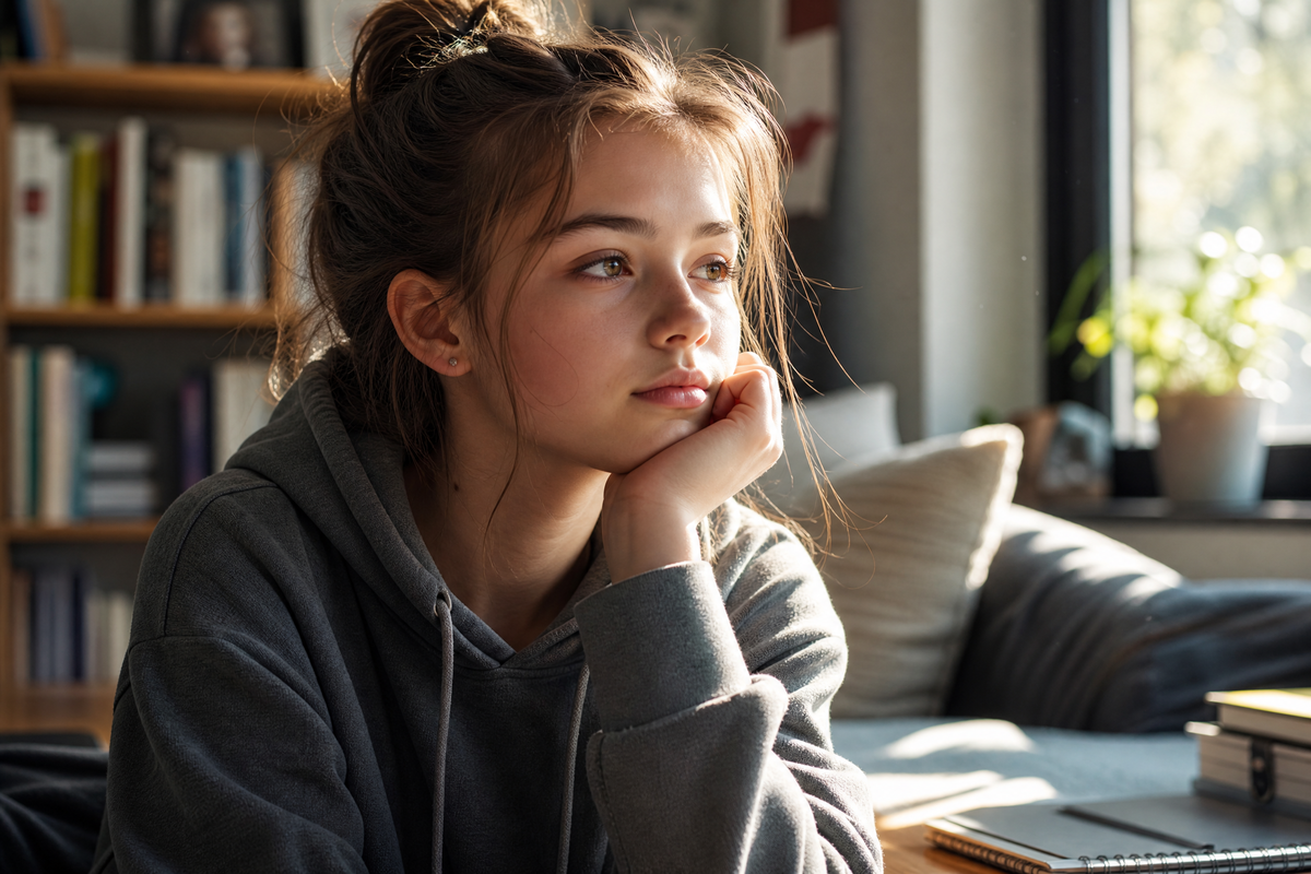 Adolescente assise, l'air pensif, dans une pièce lumineuse avec une bibliothèque en arrière-plan.