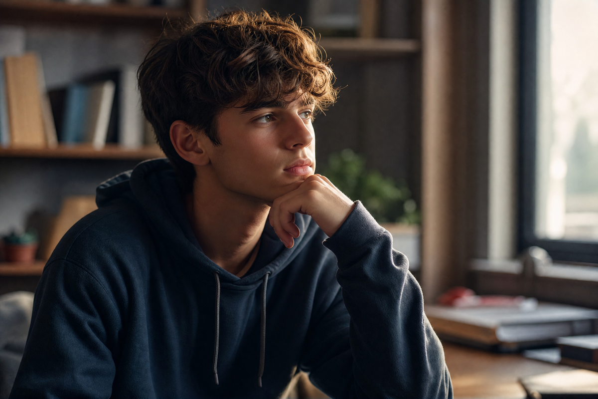 Adolescent assis, l'air pensif, dans une pièce chaleureuse avec une bibliothèque.