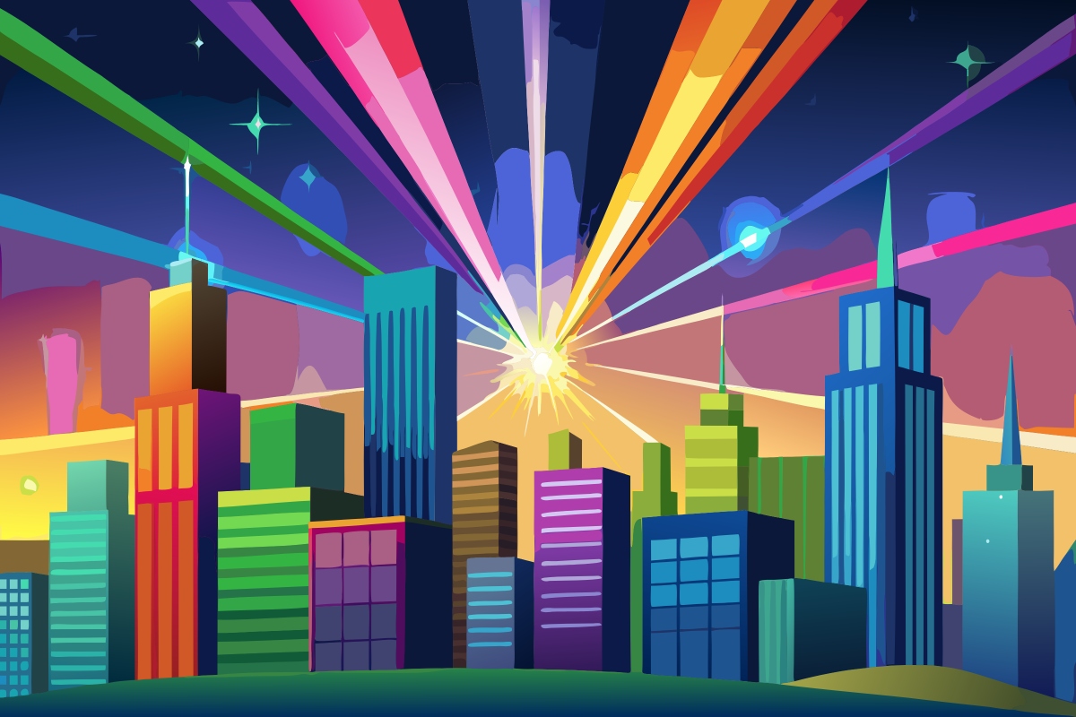 Ville illuminée ressemblant à l'univers du film Super Lion
