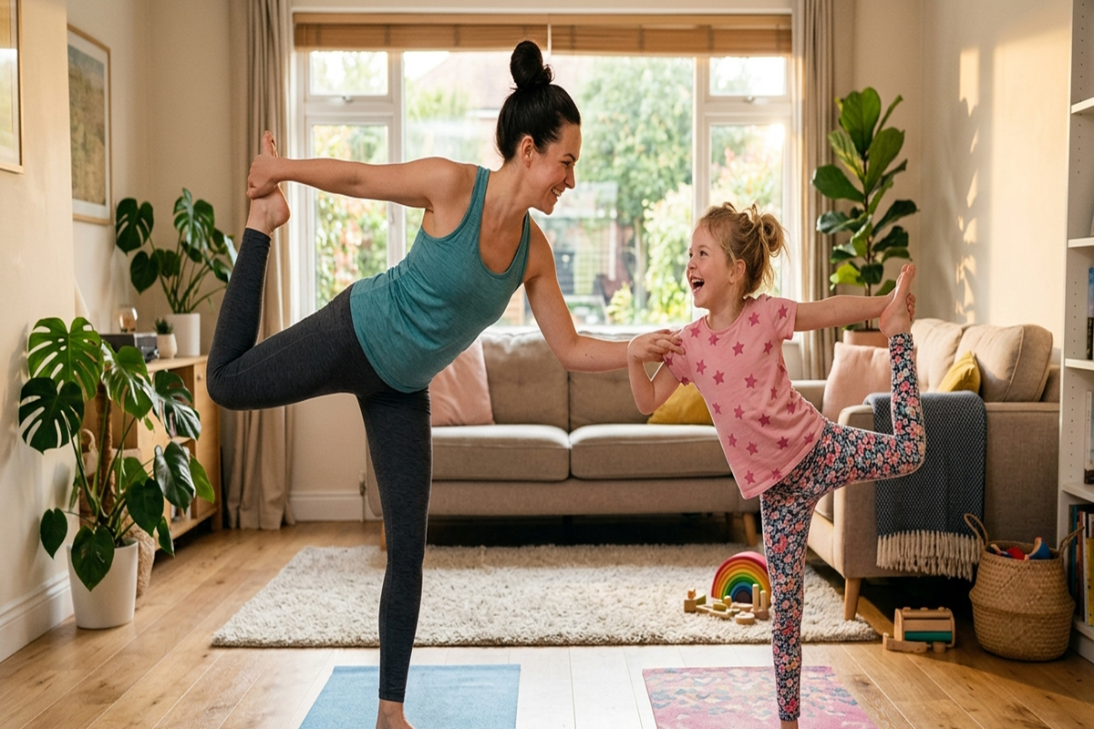Yoga à la maison : maman et enfant en posture de l'arbre