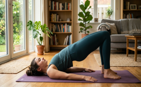 Jeune femme en tenue de sport verte pratiquant la posture du demi-pont