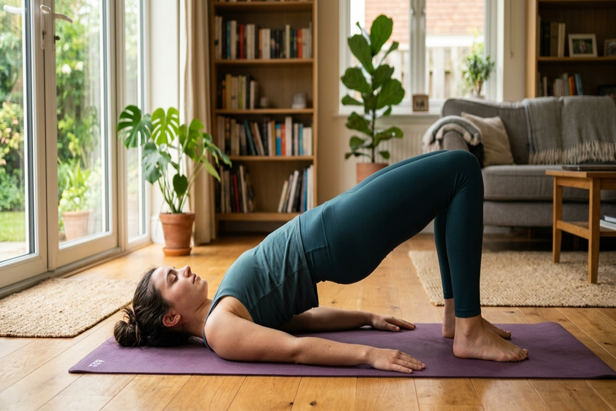 Jeune femme en tenue de sport verte pratiquant la posture du demi-pont