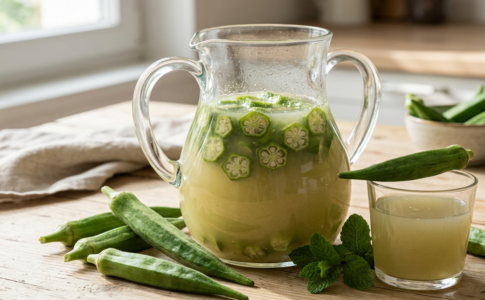 :Pichet en verre contenant de l'eau d'okra infusée avec rondelles de gombo fraîches.
