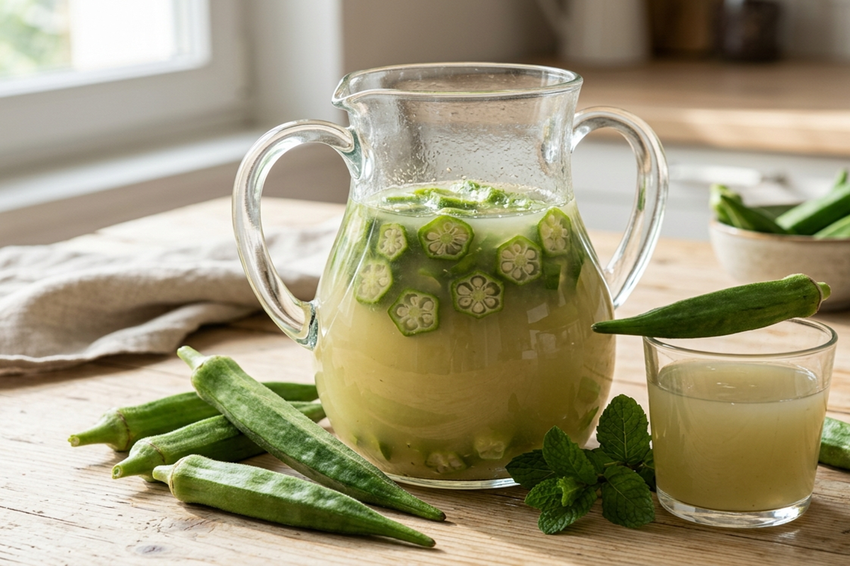 :Pichet en verre contenant de l'eau d'okra infusée avec rondelles de gombo fraîches.