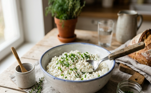 Bol de fromage cottage frais saupoudré d'herbes avec du pain de campagne.