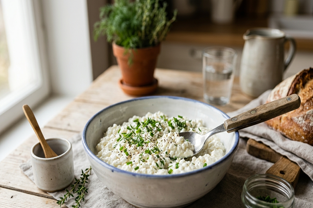 Bol de fromage cottage frais saupoudré d'herbes avec du pain de campagne.