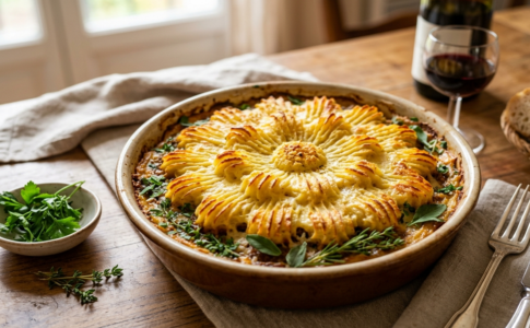 Hachis Parmentier maison gratiné avec une purée dressée en forme de fleur
