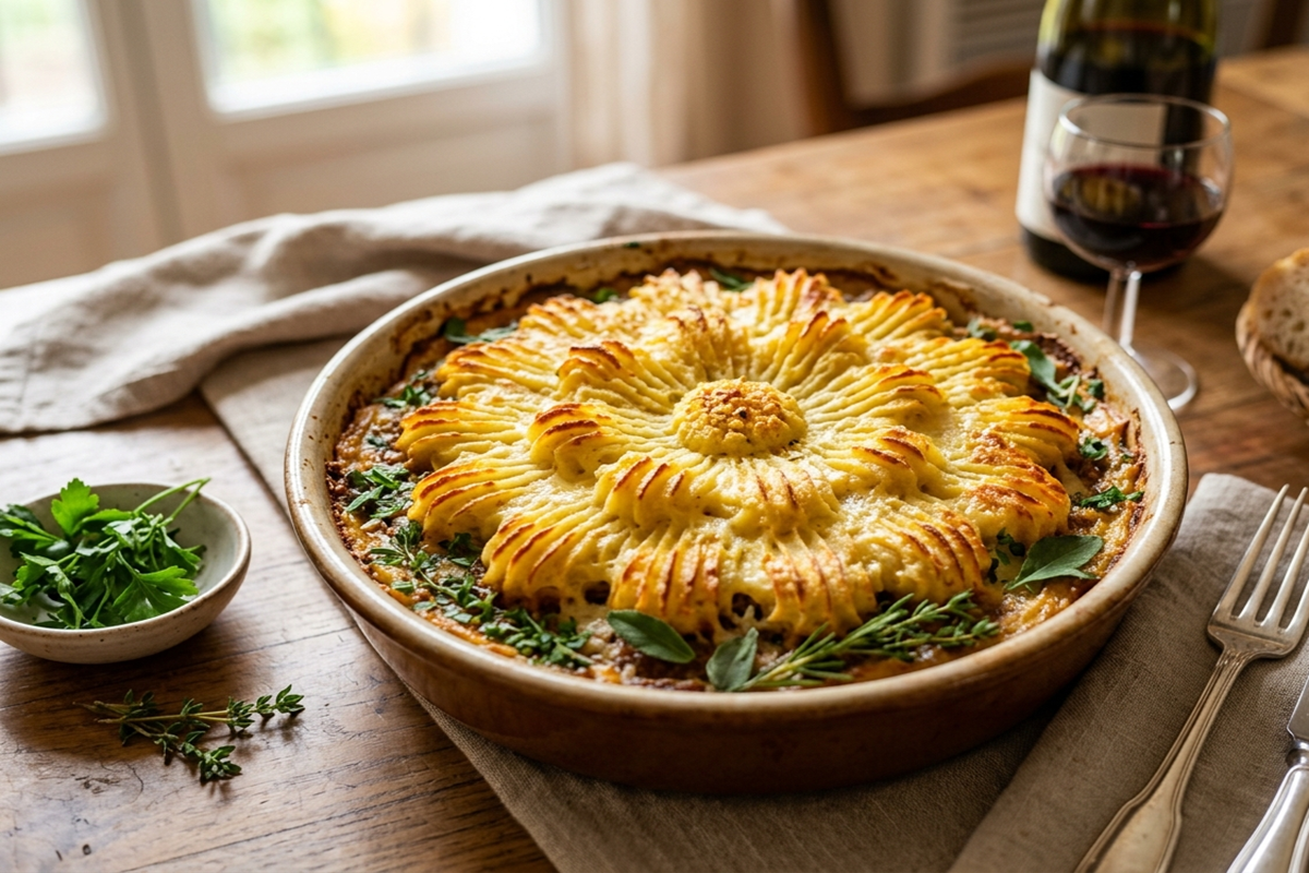 Hachis Parmentier maison gratiné avec une purée dressée en forme de fleur