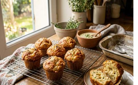 Muffins salés dorés à la cancoillotte sur une grille avec un muffin coupé en deux sur une assiette.