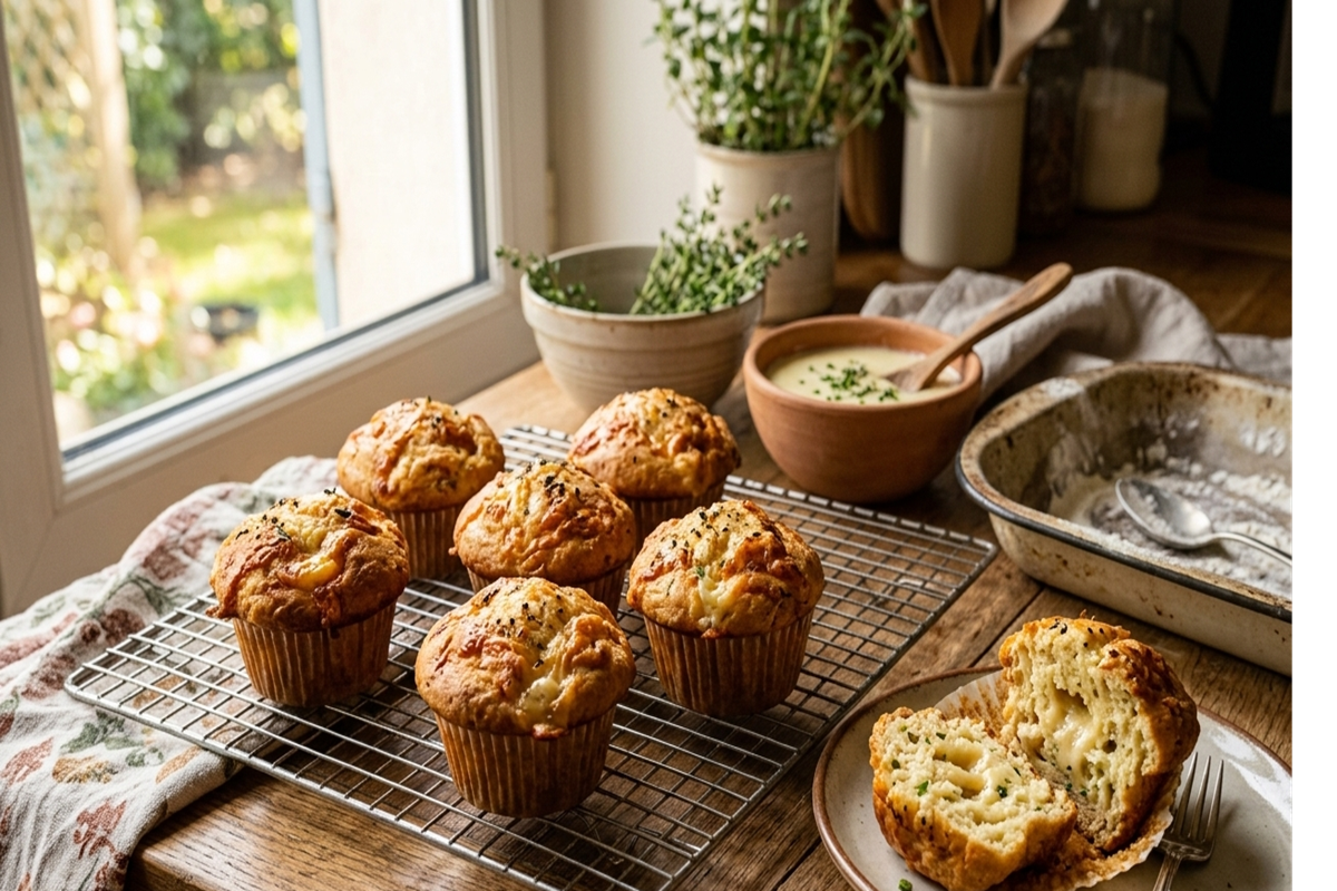 Muffins salés dorés à la cancoillotte sur une grille avec un muffin coupé en deux sur une assiette.