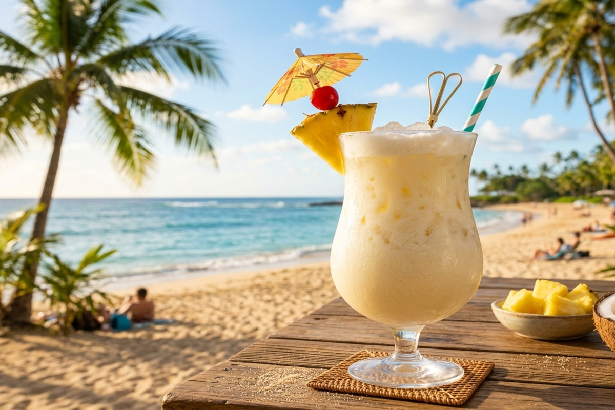 Cocktail Piña Colada glacé sur une table en bois face à une plage tropicale.
