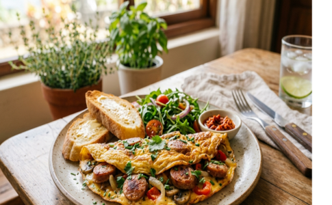 Une assiette d'omelette aux saucisses, herbes et légumes, servie avec des toasts et une salade sur une table en bois.