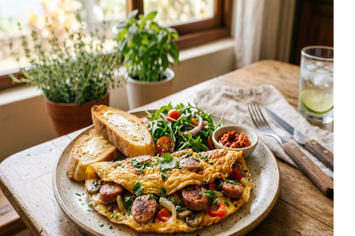 Une assiette d'omelette aux saucisses, herbes et légumes, servie avec des toasts et une salade sur une table en bois.
