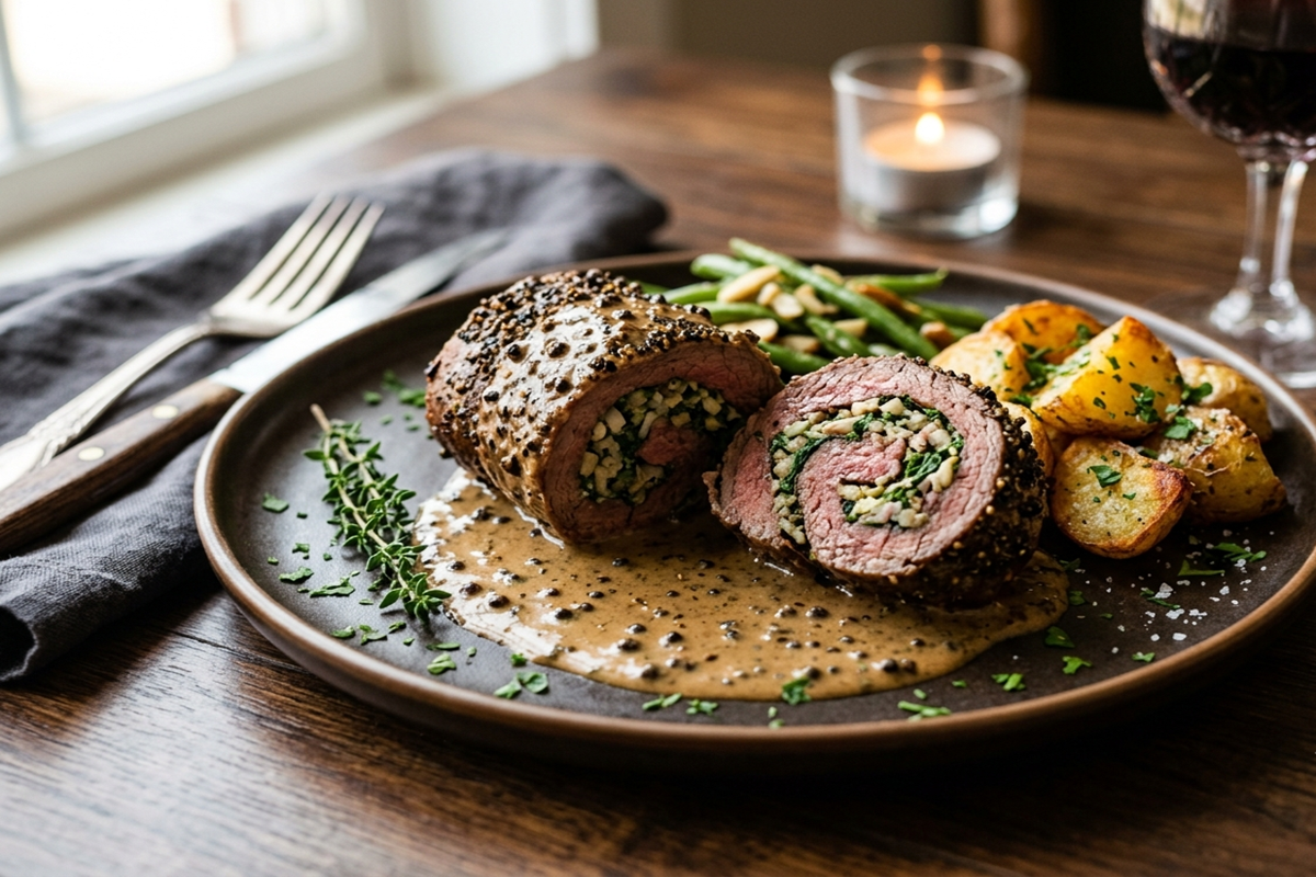  Steak roulé au poivre servi avec de la sauce cremeuse et des pommes de terre rôties.