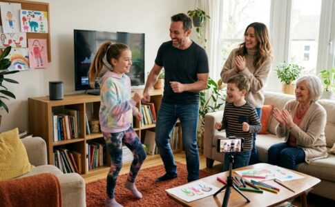 Une famille faisant un défi de danse
