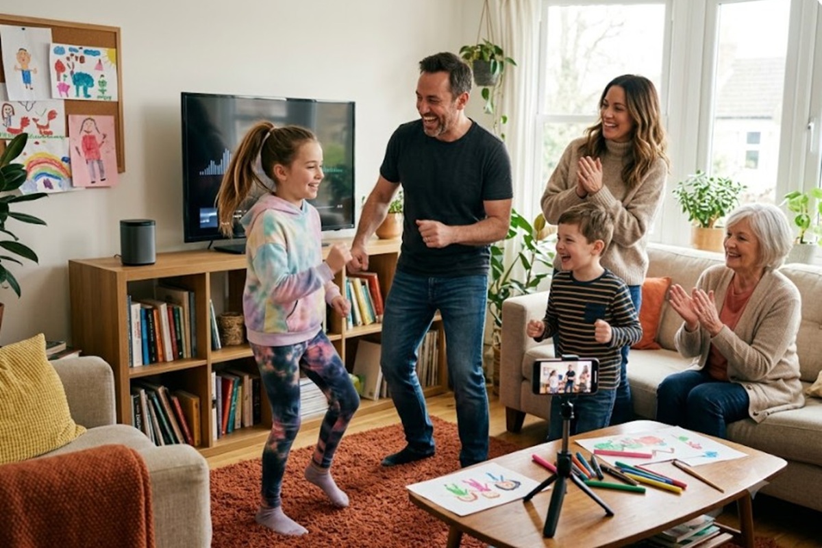 Une famille faisant un défi de danse et de musique