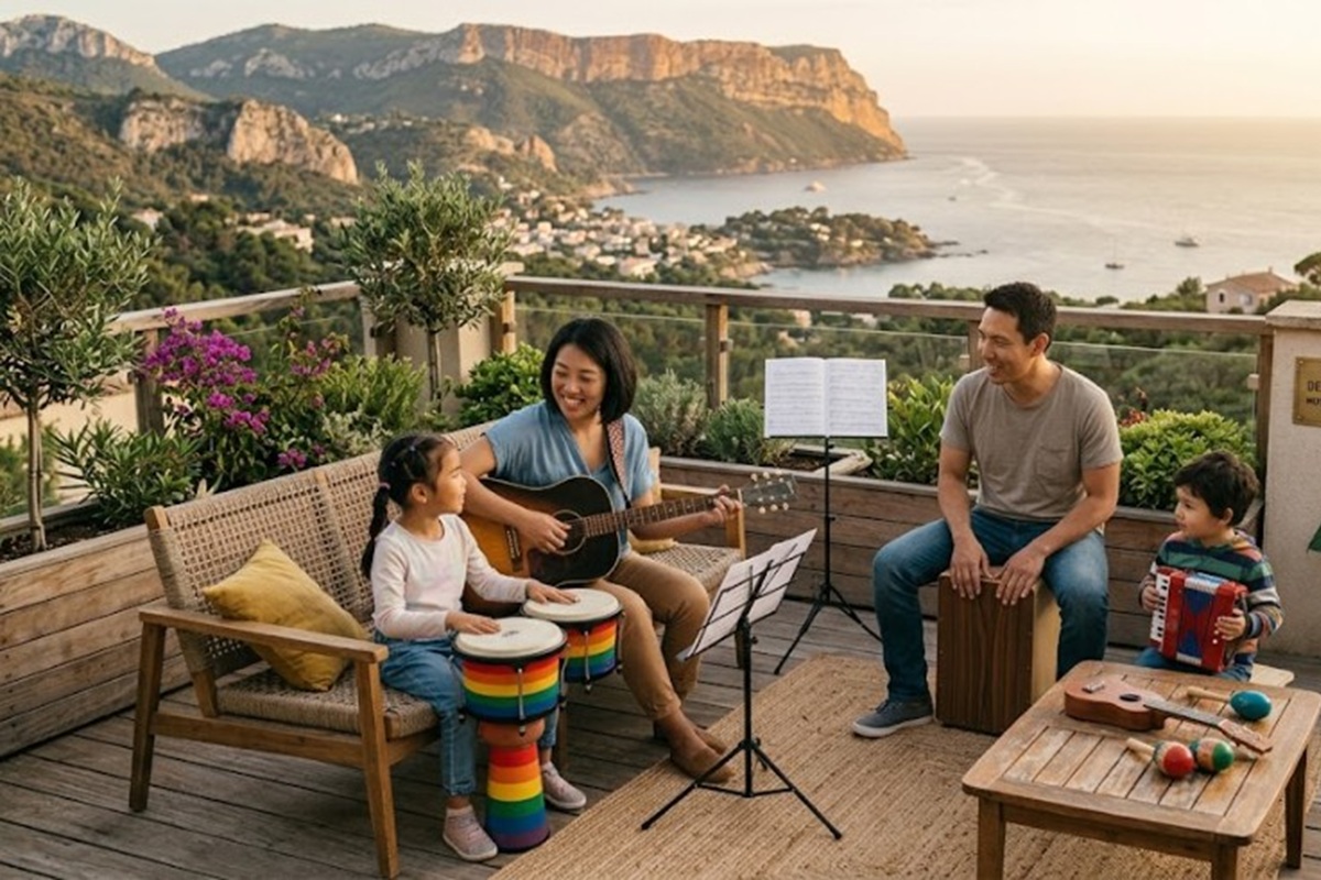 Une famille s’amusant en musique
