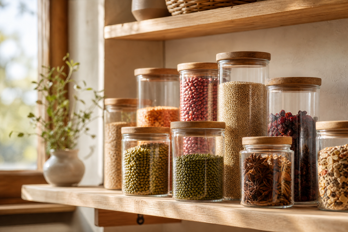 Plusieurs bocaux en verre contenant des graines, des légumes secs et des épices sur une étagère en bois.