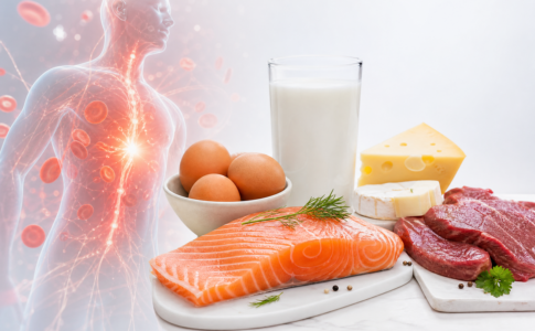 Une sélection d'aliments riches en vitamine B12 avec des œufs, du saumon, de la viande, du fromage et du lait.