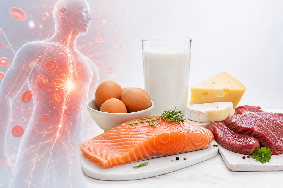 Une sélection d'aliments riches en vitamine B12 avec des œufs, du saumon, de la viande, du fromage et du lait.