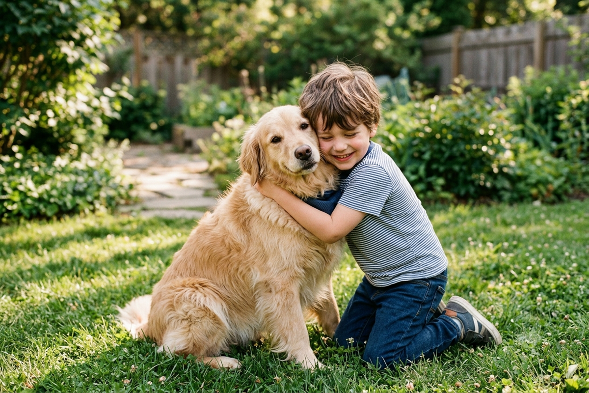 Un jeune garçon enlaçant son chien dans un jardin ensoleillé