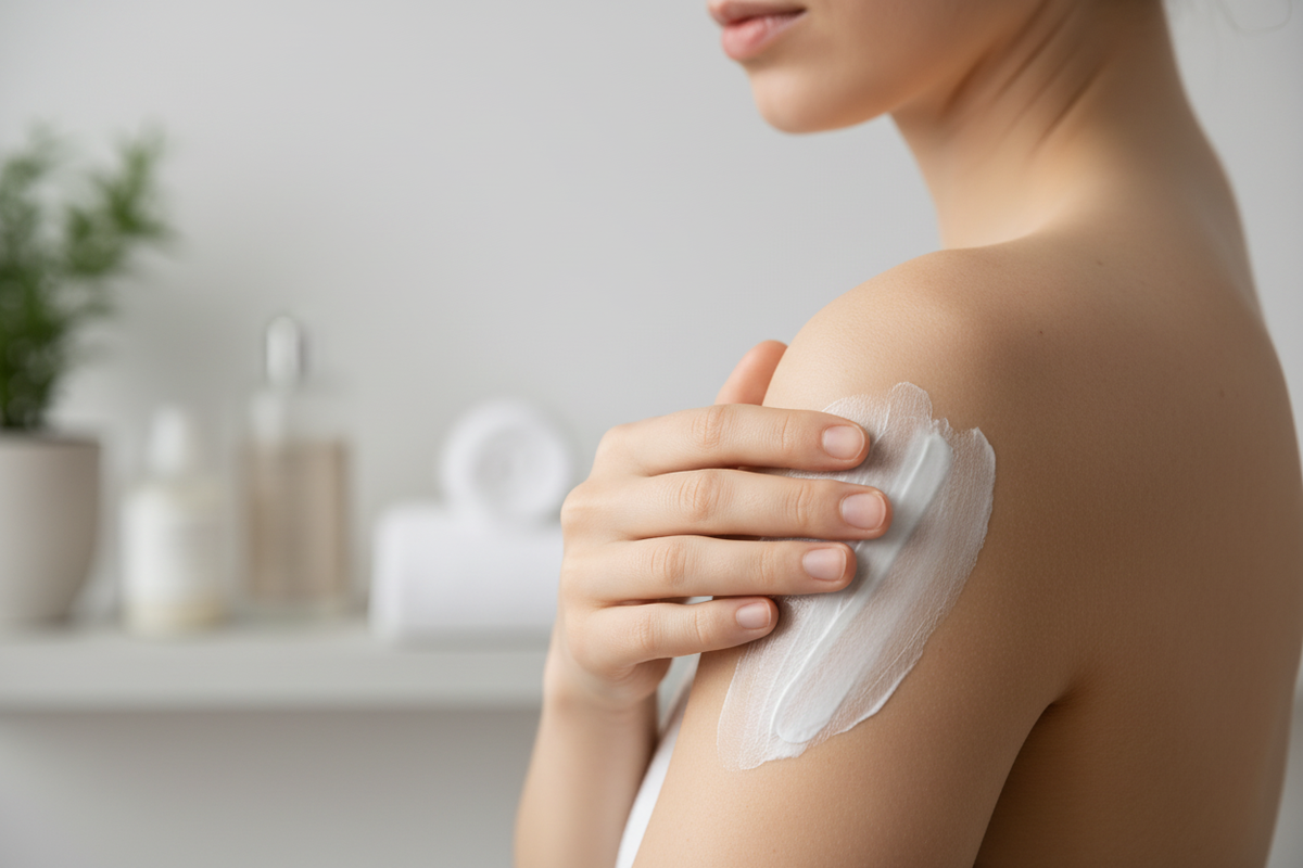Une femme applique de la crème hydratante blanche sur son épaule.