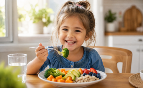 Une petite fille souriante mangeant un morceau de brocoli devant une assiette saine et colorée.