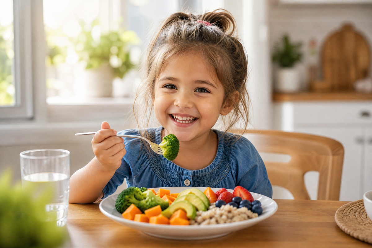 Une petite fille souriante mangeant un morceau de brocoli devant une assiette saine et colorée.