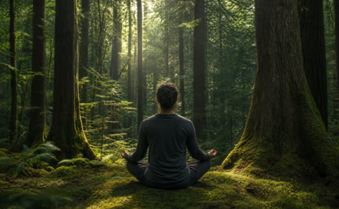 Une personne méditant assise en tailleur au milieu d'une forêt verdoyante.