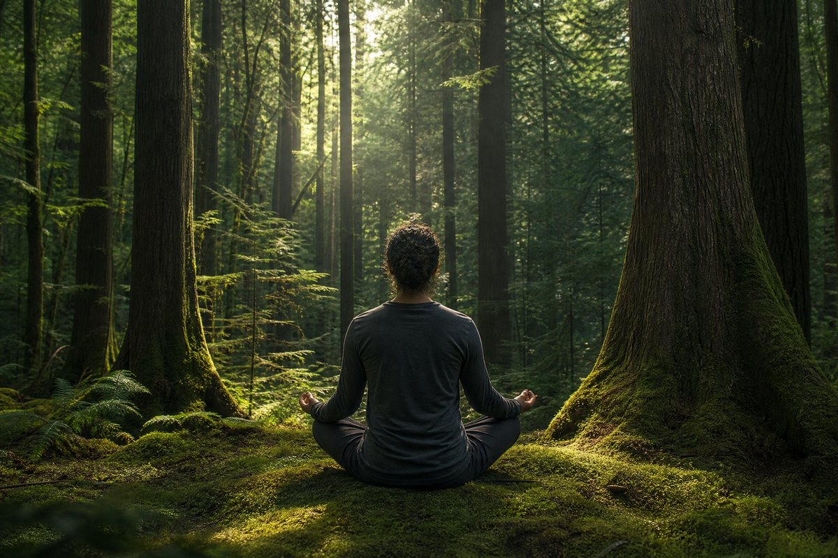 Une personne méditant assise en tailleur au milieu d'une forêt verdoyante.