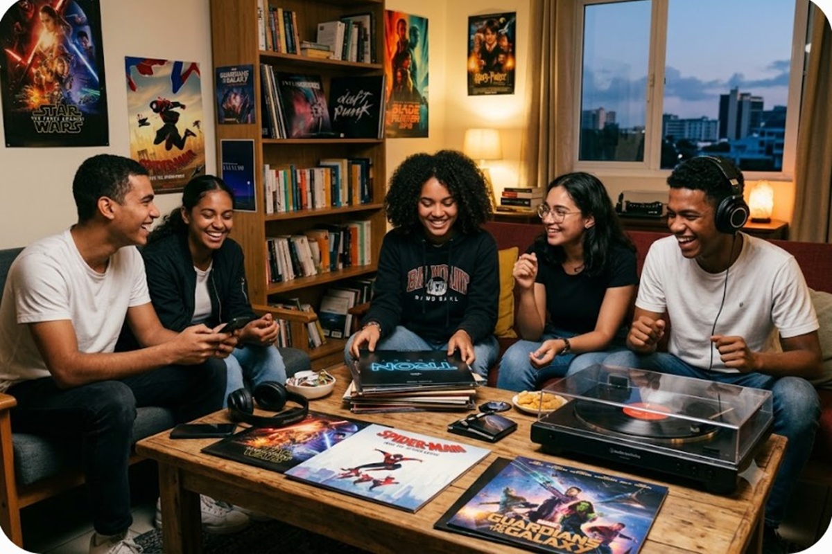 Des jeunes réunis autour de vinyles