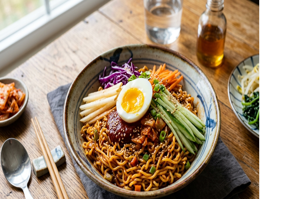 Un bol de bibim ramen garni d'un œuf mollet, concombres, carottes et chou.