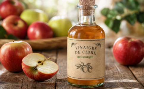 Une bouteille en verre de vinaigre de cidre biologique entourée de pommes fraîches sur une table en bois.