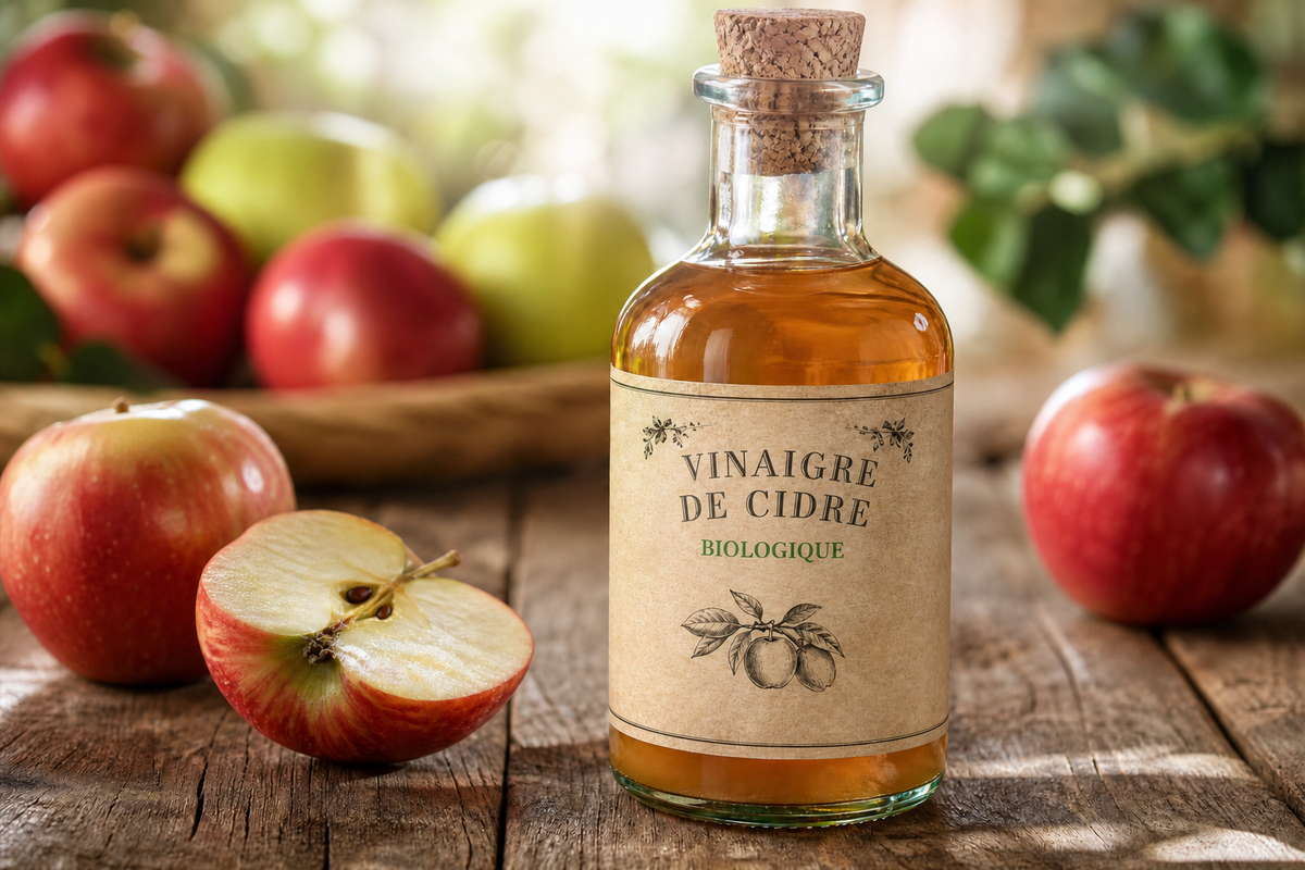 Une bouteille en verre de vinaigre de cidre biologique entourée de pommes fraîches sur une table en bois.