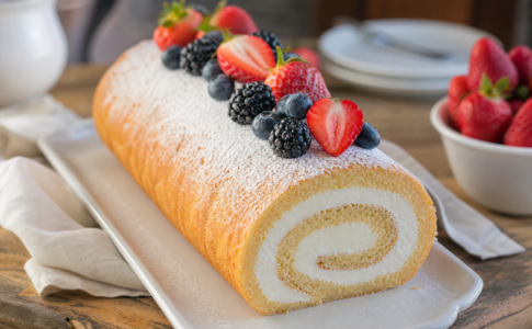 Un biscuit roulé gourmand saupoudré de sucre glace sur un plat.