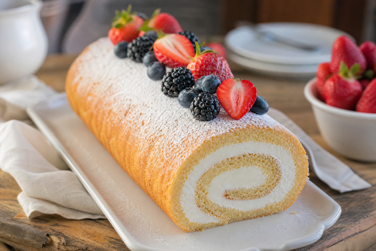 Un biscuit roulé gourmand saupoudré de sucre glace sur un plat.
