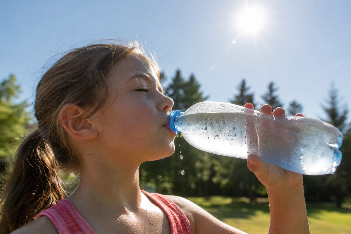 Une personne buvant de l'eau pour s'hydrater pendant une forte chaleur.