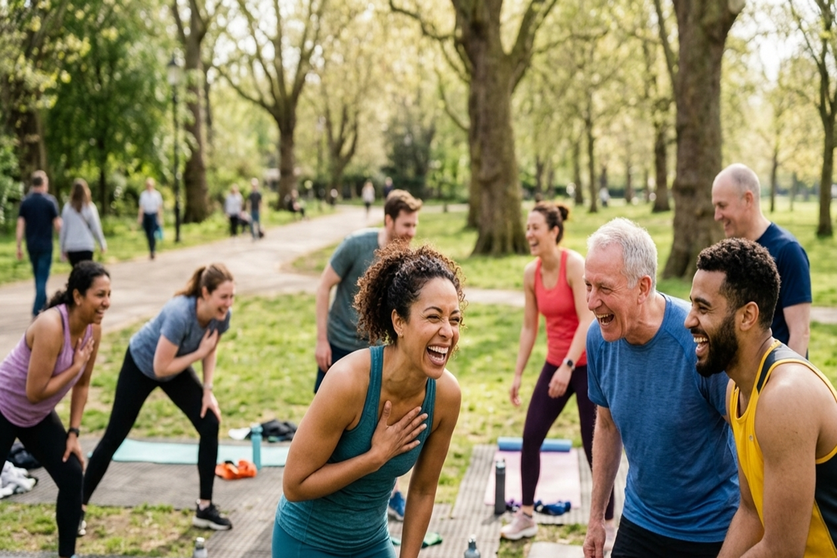 Séance de yoga du rire en plein air. 
