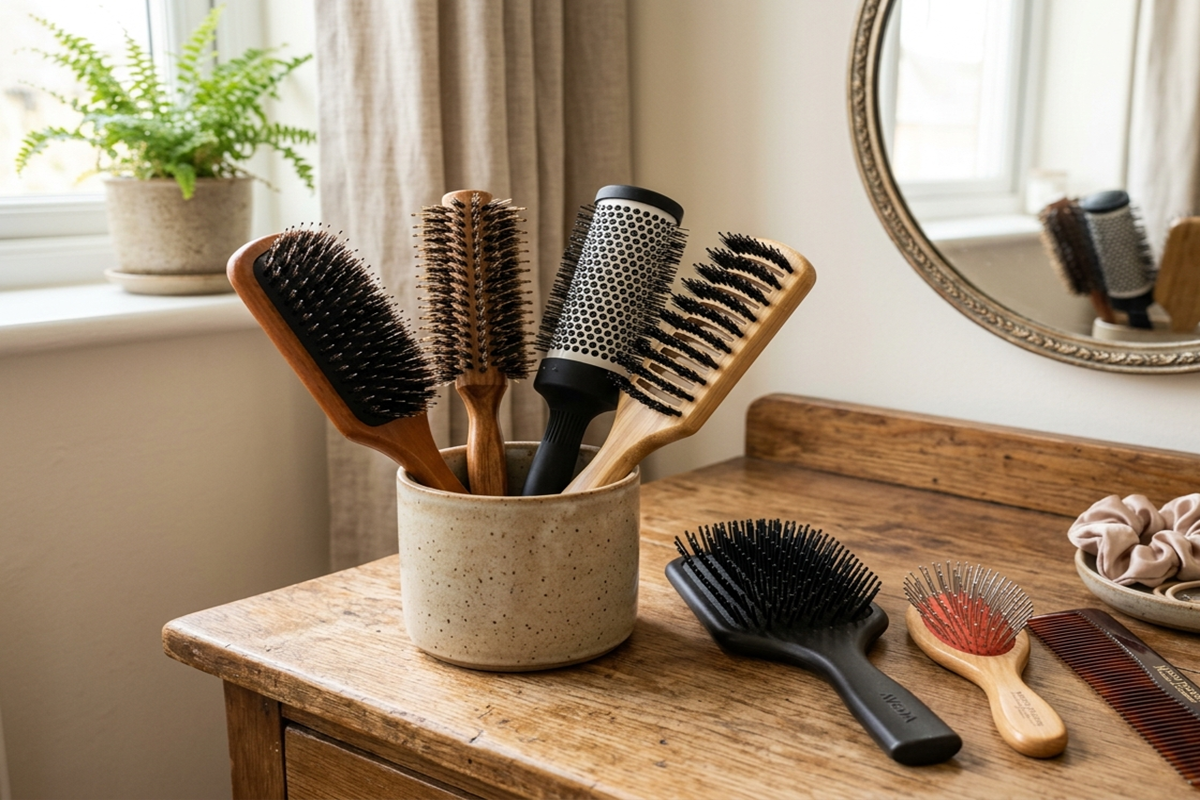 :Différents types de brosses à cheveux sur une table en bois pour protéger la fibre capillaire.