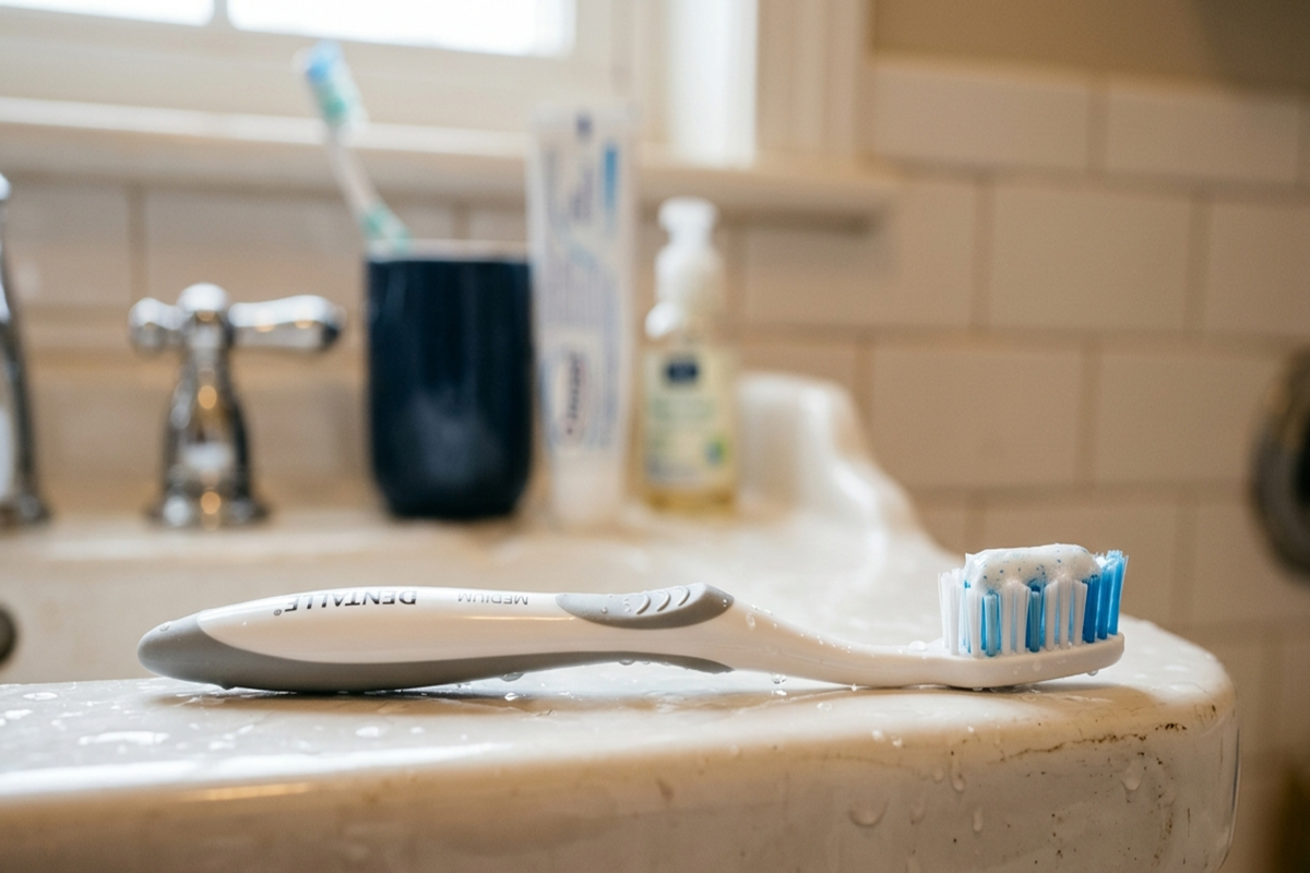  Une brosse à dents posée sur le rebord d'un lavabo de salle de bain avec du dentifrice.