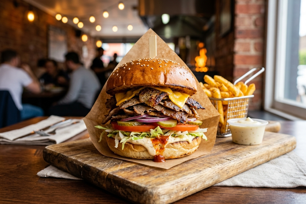 Kebab burger garni de viande, fromage fondu, crudités et sauce piquante. 