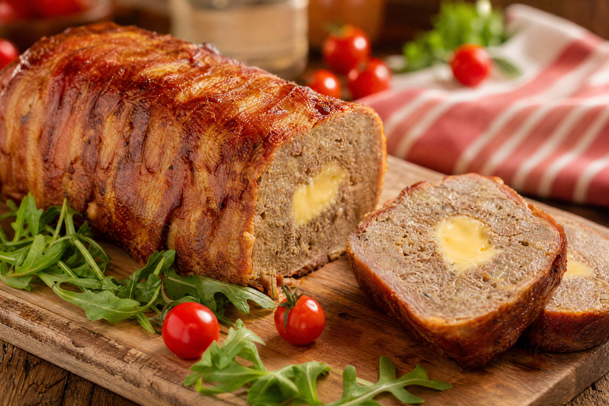 Un cake salé au Babybel enroulé de tranches de bacon croustillantes sur une planche en bois.