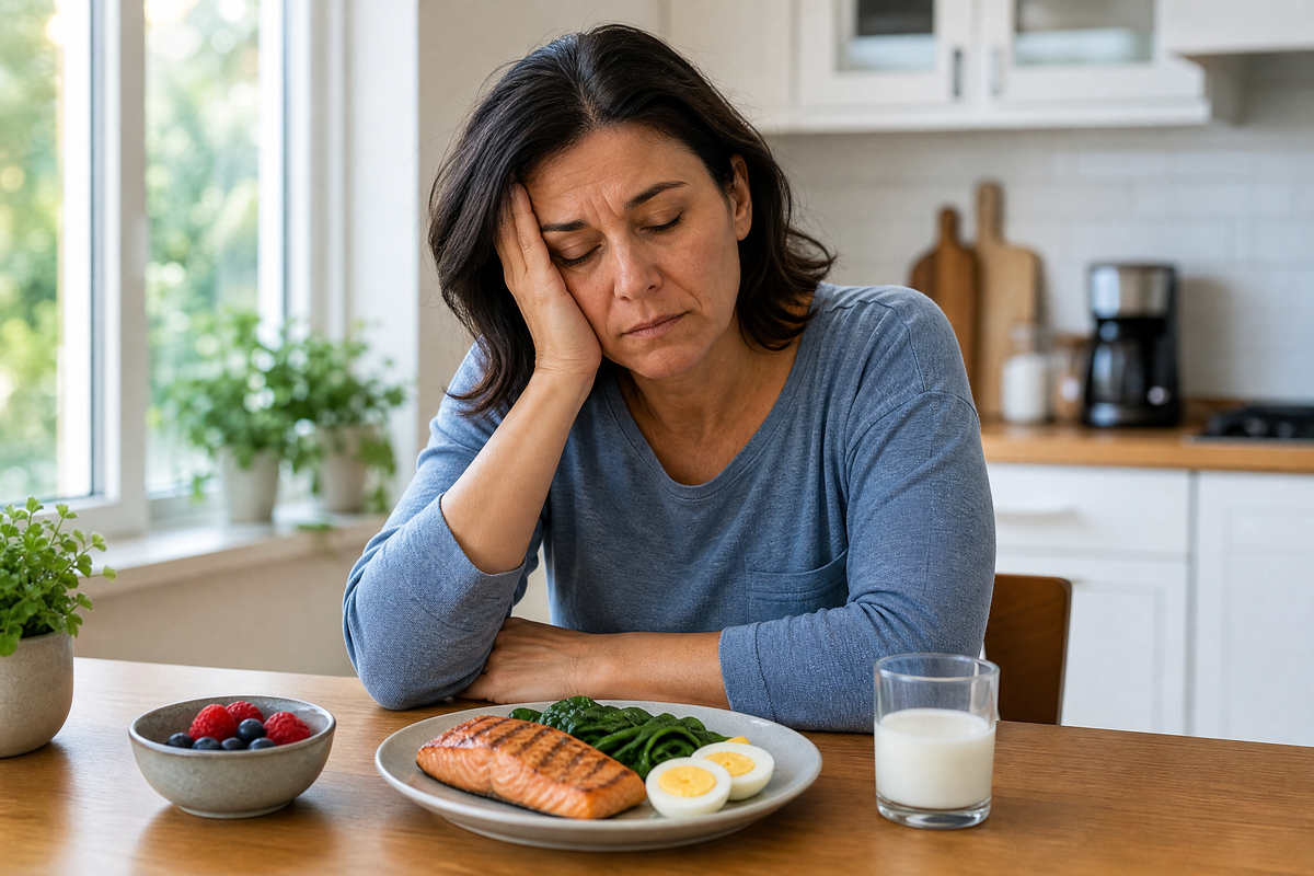 Une femme fatiguée assise à une table devant un repas sain composé de saumon, d'œufs et d'épinards.