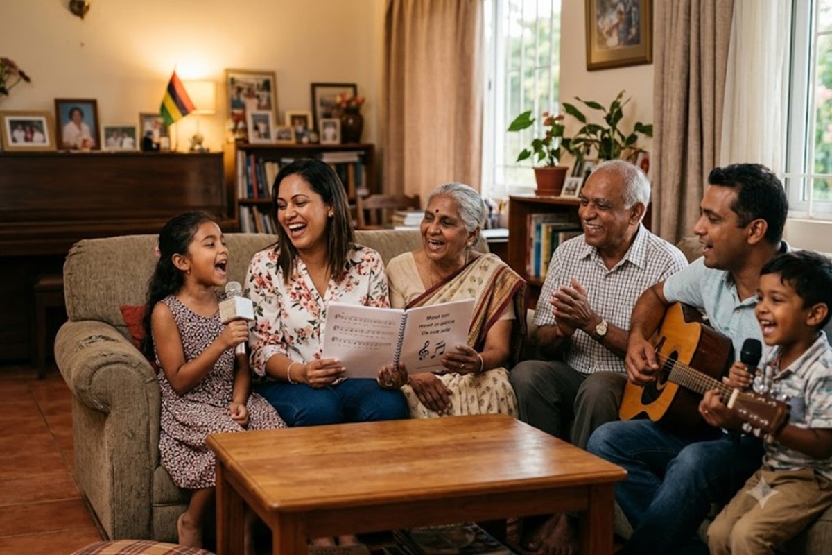 Les membres d’une famille s’amusant en chantant