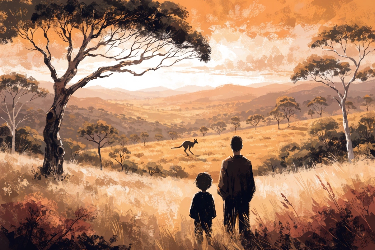 Vaste paysage australien, deux silhouettes regardant un kangourou