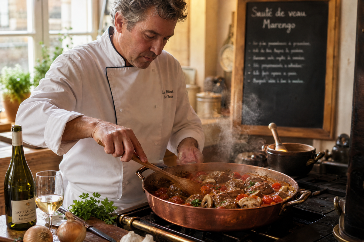 Chef cuisinant un sauté de veau Marengo dans une poêle en cuivre. 