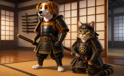 Illustration IA d'un chien en tenue de samouraï