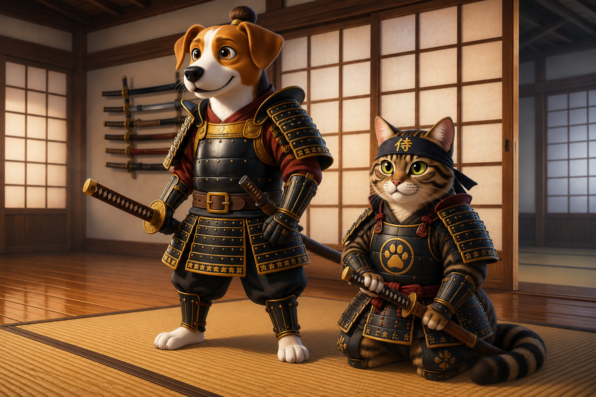 Illustration IA d'un chien en tenue de samouraï  