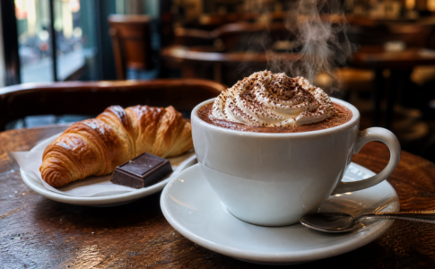 Chocolat chaud avec chantilly et croissant sur une table.