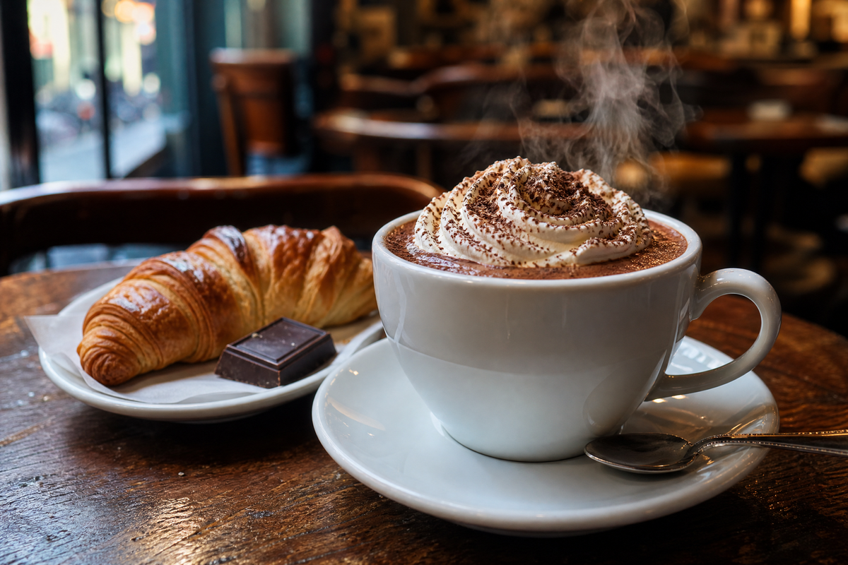 Chocolat chaud avec chantilly et croissant sur une table.